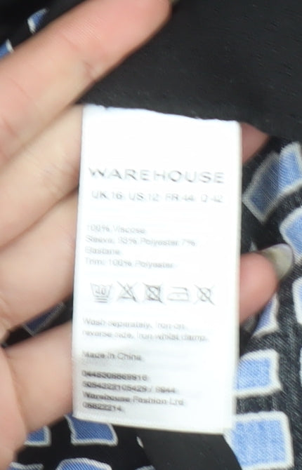 Warehouse Women Blue Geometric Shift Dress Size 16 Short Sleeve