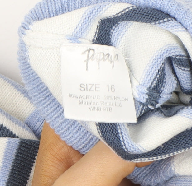 Papaya Women's Blue Striped V-Neck Pullover Sweater Size 16
