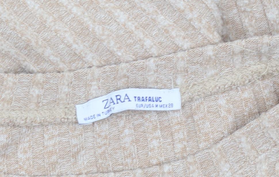Zara Women Beige Cropped Knit Long Sleeve Sweater Top Size 12