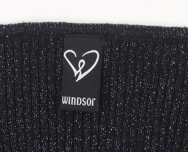 Windsor Women’s Black Glitter V-Neck Puff Sleeve Slim Jumper Size S