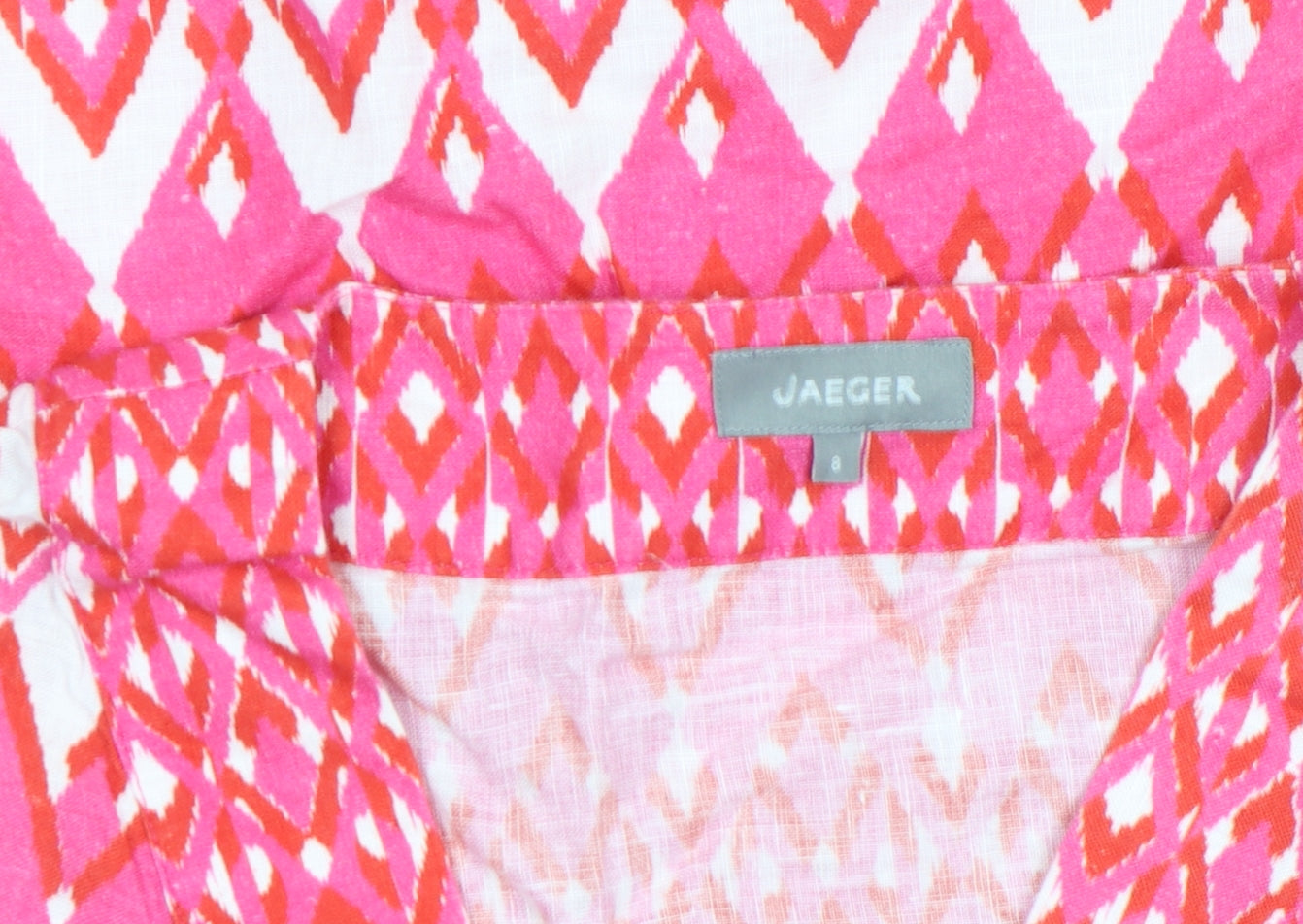 Jaeger Women's Pink Geometric Linen V-Neck Short Sleeve Tunic Blouse Size 8