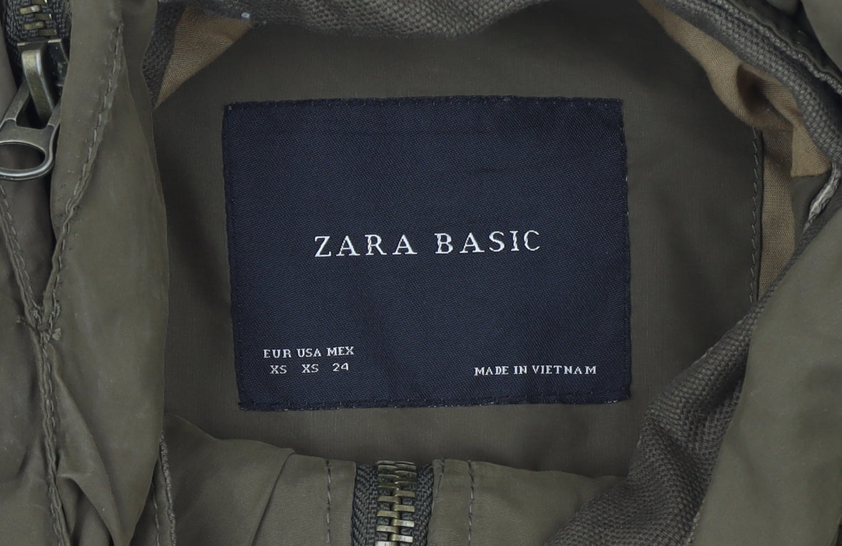 Zara Basic Women’s Green Hooded Parka Jacket XS Long Twill Cotton Blend