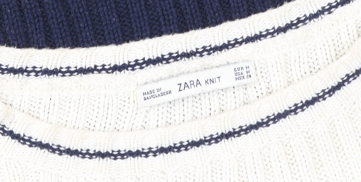 Zara Women’s Cream Navy Striped Ribbed Pullover Sweatshirt Size M