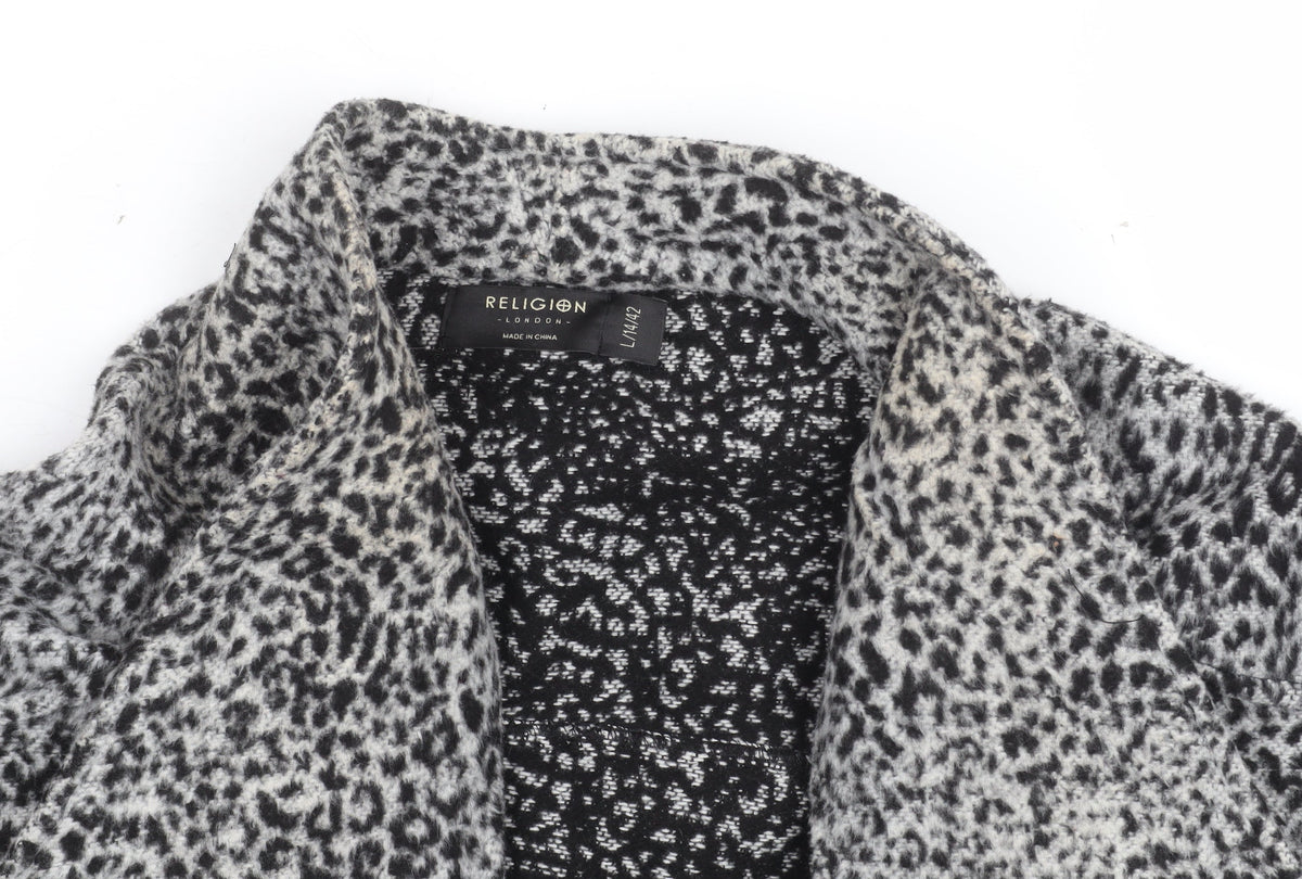 Religion Women Grey Animal Print Coatigan L Long Sleeve Open Front