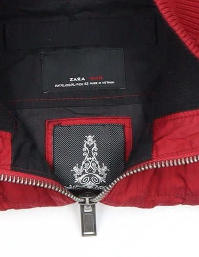 Zara Men Red Bomber Jacket Size L Full Zip Pockets Casual Style