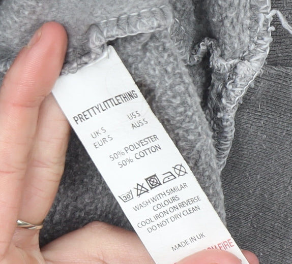 PRETTYLITTLETHING Women Grey Pullover Hoodie Size S Worldwide Graphic