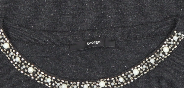 George Women's Black Beaded Crew Neck Top Size L 3/4 Sleeve Stretch