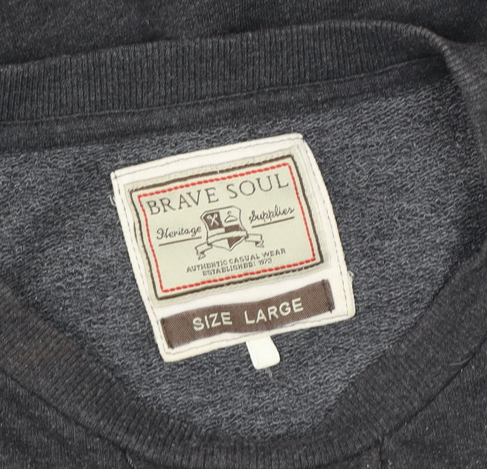 Brave Soul Men's Grey Pullover Sweatshirt Large Crew Neck with Suede Patches