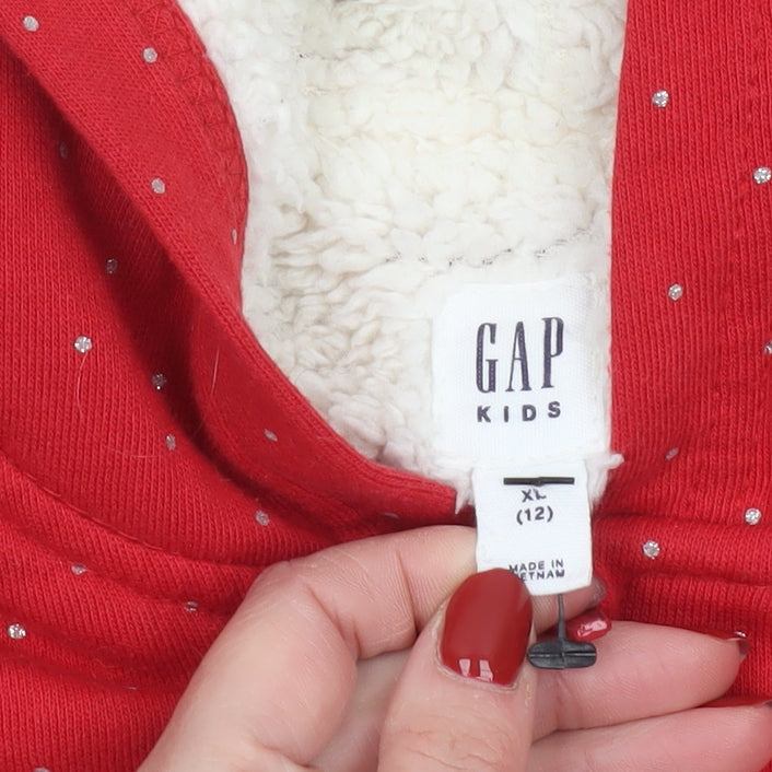 GAP Girls Red Glitter Polka Dot Full Zip Fleece Lined Hoodie XL 12-13 Years