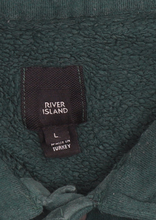 River Island Men's Green Collared Henley Sweatshirt L Logo Print