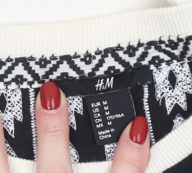 H&M Women's Ivory & Black Patterned Pullover Sweatshirt Size 12