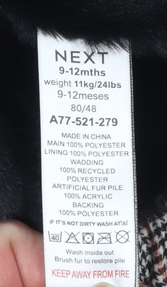 Next Unisex Baby Multicoloured Check Puffer Coat 9-12 Months Hooded Winter Jacket