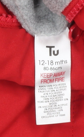 Tu Unisex Red Faux Fur Hooded Winter Snowsuit 12-18 Months Padded Lined