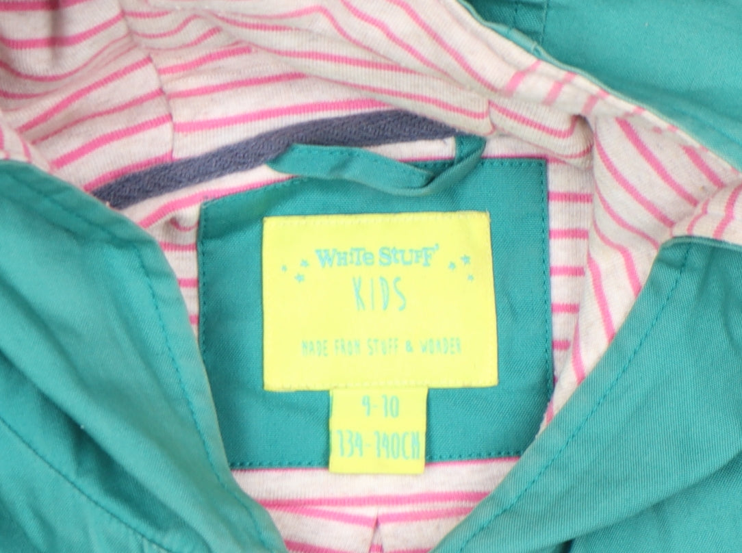 White Stuff Girls Green Hooded Rain Coat 9-10 Years Cotton Lined Mid-Length
