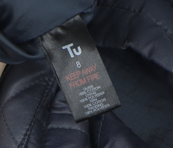 Tu Women Blue Quilted Mid-Length Jacket Size 8 Lined Cotton Blend