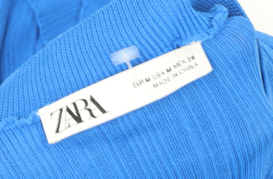 Zara Women Blue Ribbed Bodycon Long Sleeve Short Dress Size 12