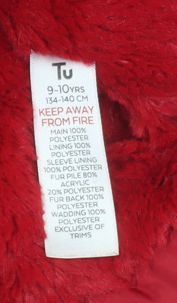 Tu Girls Red Faux Fur Hooded Puffer Coat 9-10 Years Winter Jacket