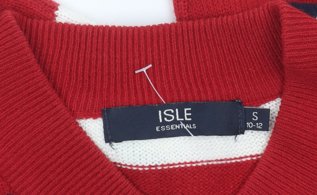 Isle Essentials Women’s Red Striped V-Neck Jumper Size S 10-12