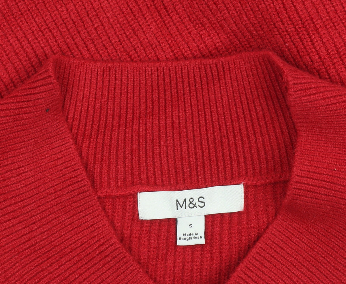 Marks & Spencer Women's Red V-Neck Ribbed Knit Jumper Size S