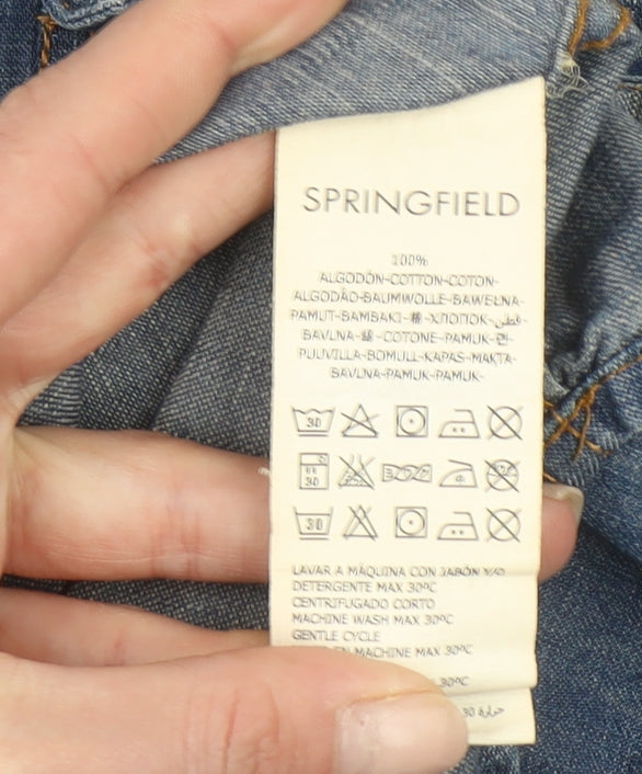 Springfield Men Blue Denim Long Sleeve Button-Up Shirt L Regular Fit