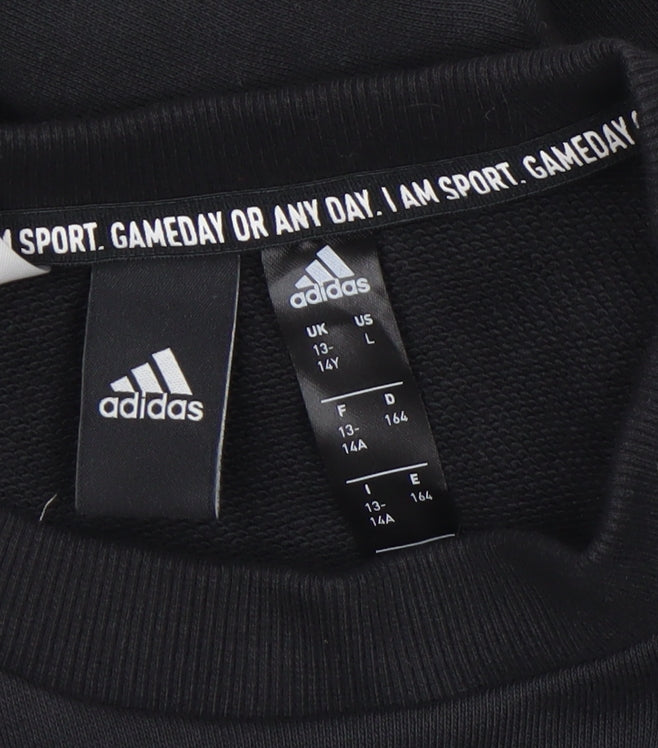 Adidas Boys Black 13-14 Years Pullover Crew Neck Logo Sweatshirt