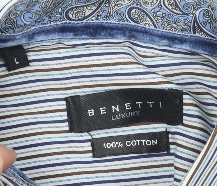 Benetti Luxury Men's Blue Striped Cotton Long Sleeve Button-Up Shirt L