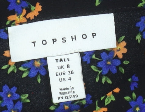 Topshop Women’s Black Floral Midi A-Line Skirt Size 8 Tall