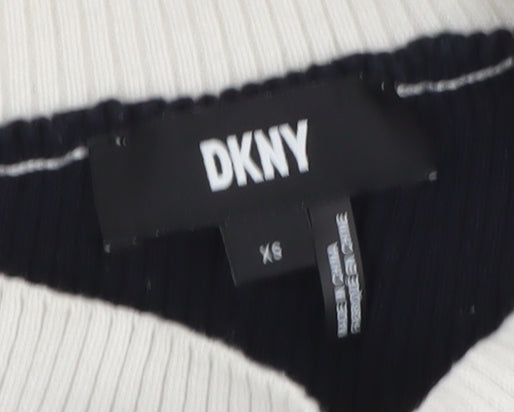 DKNY Womens Cream Black XS Ribbed Asymmetrical Knit Jumper