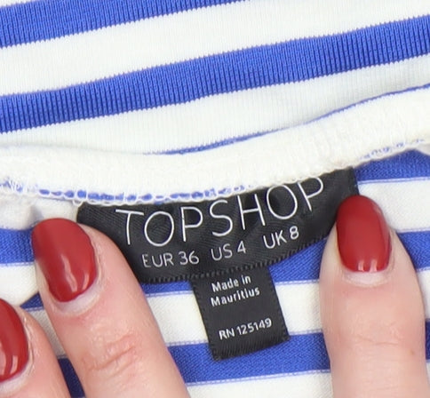 Topshop Women’s Blue White Striped Cropped T-Shirt UK 8