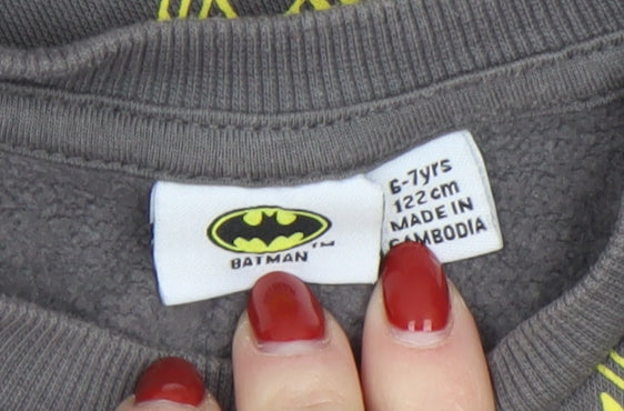 Batman Boys Grey Pullover Sweatshirt 6-7 Years Graphic Logo Crew Neck