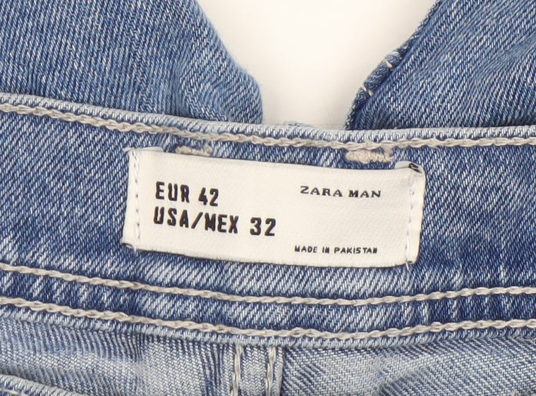 Zara Man Blue Slim Tapered Rib Panel Stretch Denim Jeans 32 in