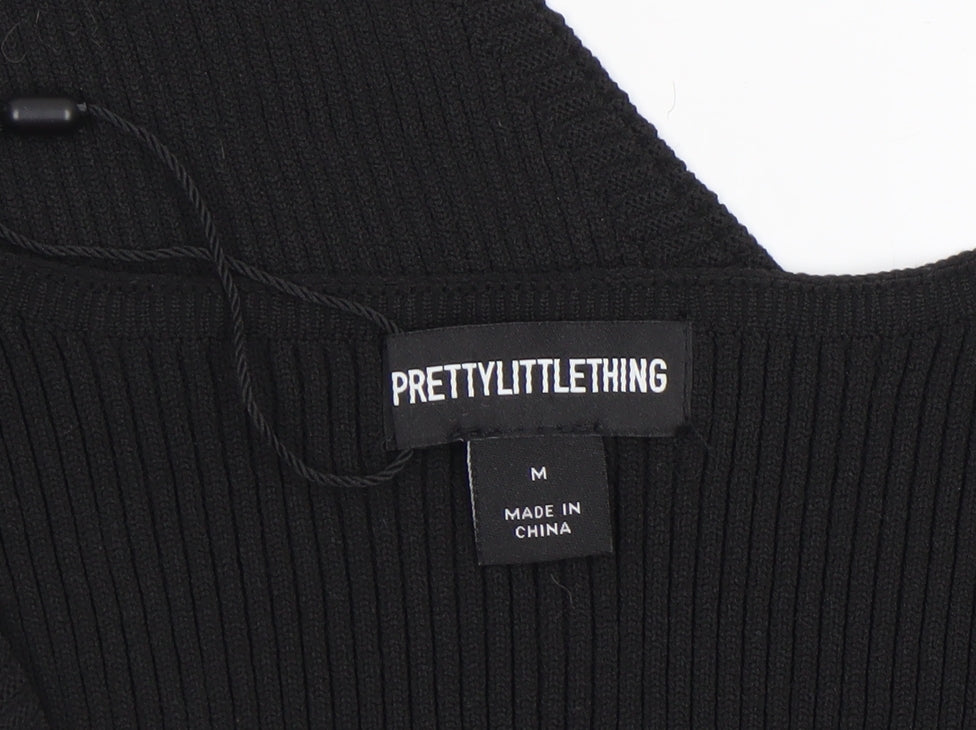 PRETTYLITTLETHING Women’s Black Ribbed Long Sleeve Bodysuit Size M