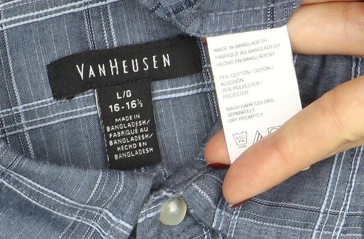 Van Heusen Men's Blue Check Short Sleeve Button-Up Shirt L 16-16.5