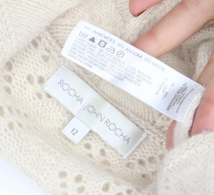 RJR.John Rocha Women Beige Size 12 Knit Long Sleeve Open Collar Cardigan