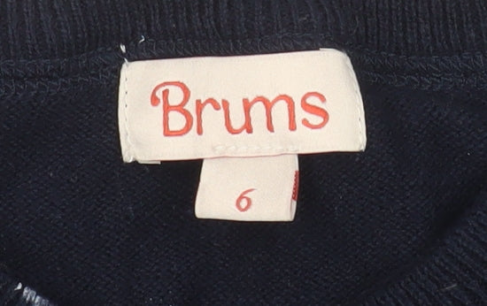 Brums Boys Navy Blue V-Neck Pullover Jumper 6 Years 100% Cotton Graphic Print