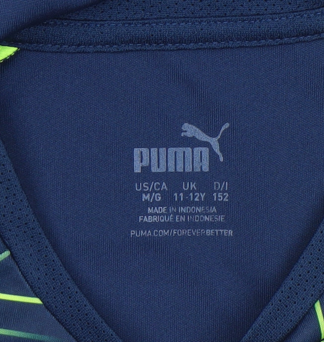 Puma Boys Blue Geometric Sports T-Shirt 11-12 Years Lightweight Quick Dry
