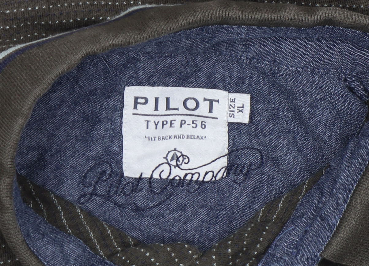 Pilot Men’s Green Striped Cotton Polo Shirt XL Regular Fit
