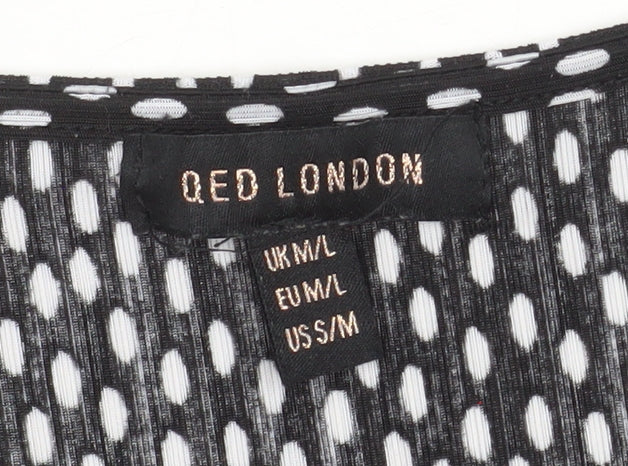QED London Women's Black White Polka Dot V-Neck Tie Front Blouse M/L
