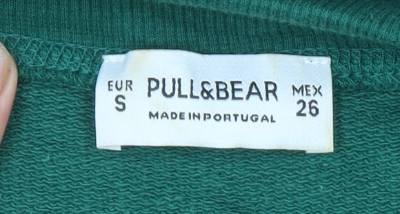 Pull&Bear Women’s Green Sweatshirt S Ruffle Logo Sleeve Crew Neck