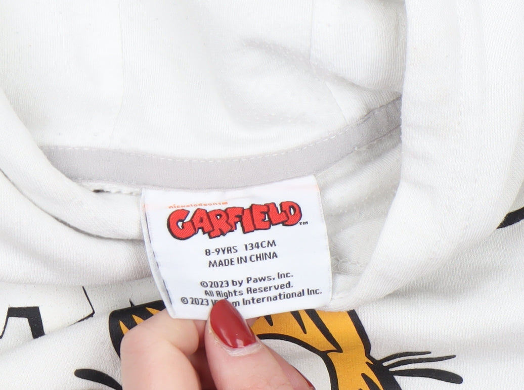 Garfield Boys White Pullover Hoodie 8-9 Years Graphic Print Cotton Blend