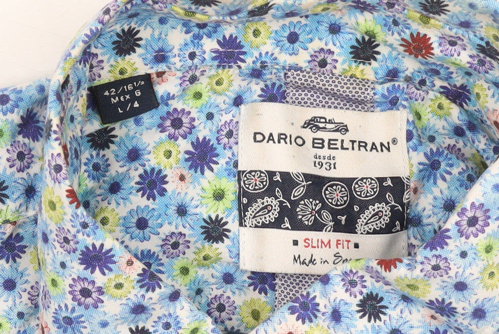 Dario Beltran Men's Blue Floral Slim Fit Long Sleeve Button-Up Shirt L 42in