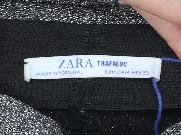 ZARA Women Silver Metallic Stretch Leggings Size 8 Party Knit Pants