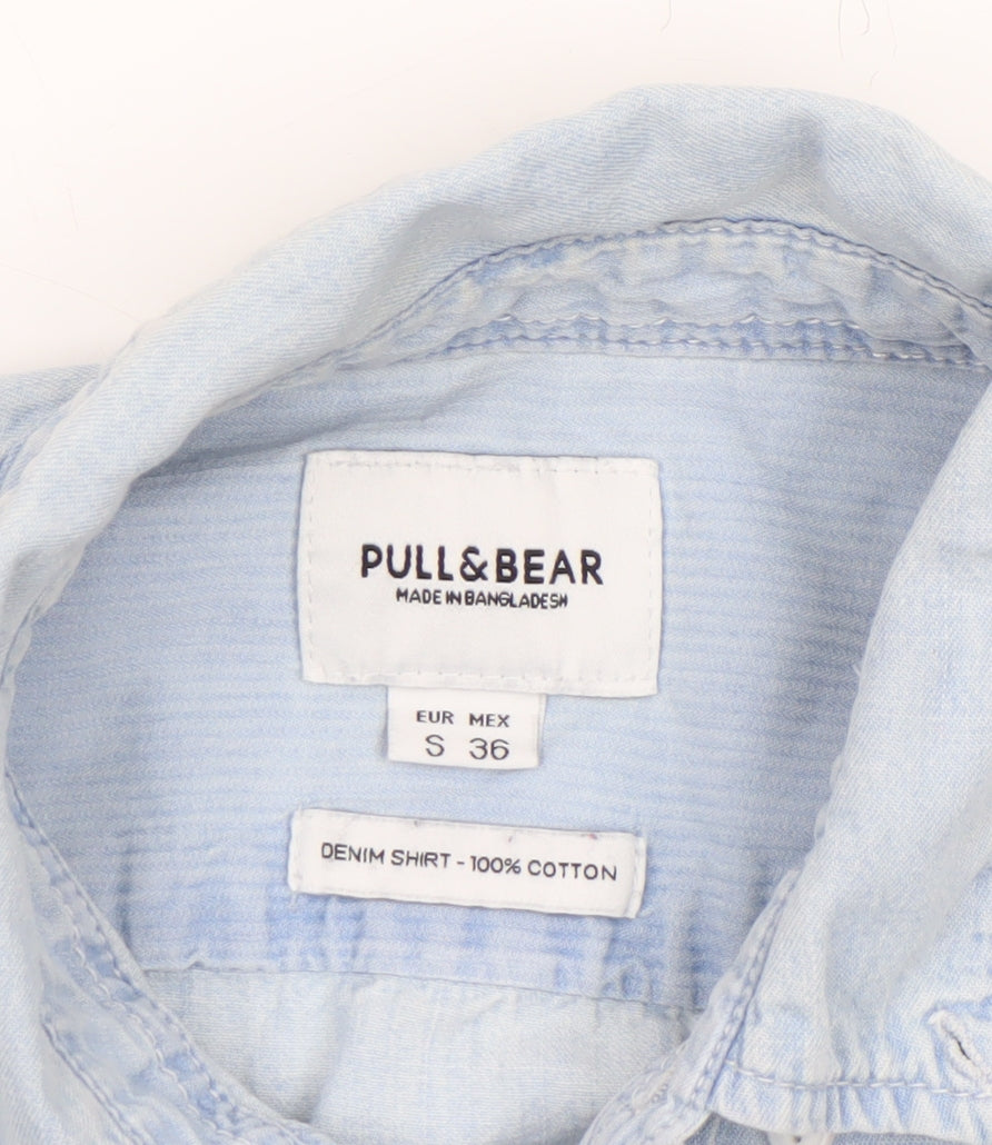 Pull&Bear Women’s Blue Denim Button-Up Shirt Size 8 Cotton