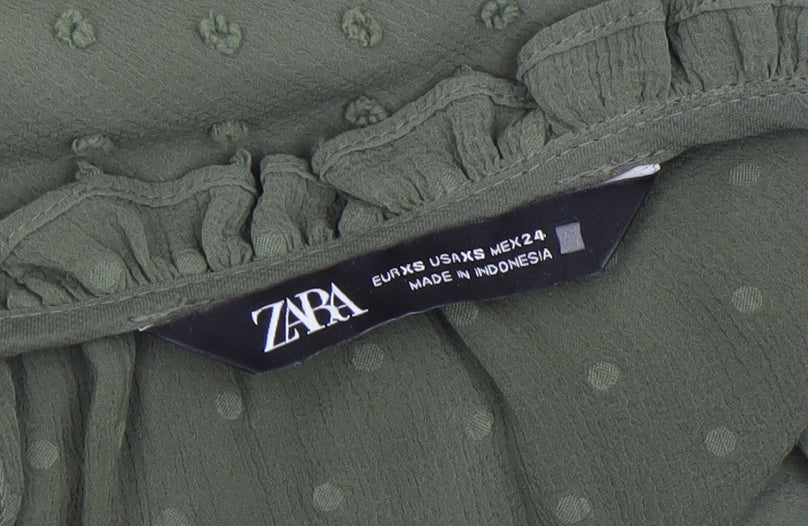 ZARA Women Green Ruffle Neck Long Sleeve Chiffon Tunic Blouse XS