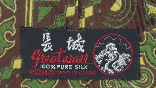Great Wall Men Brown Green Geometric 100% Silk Tie