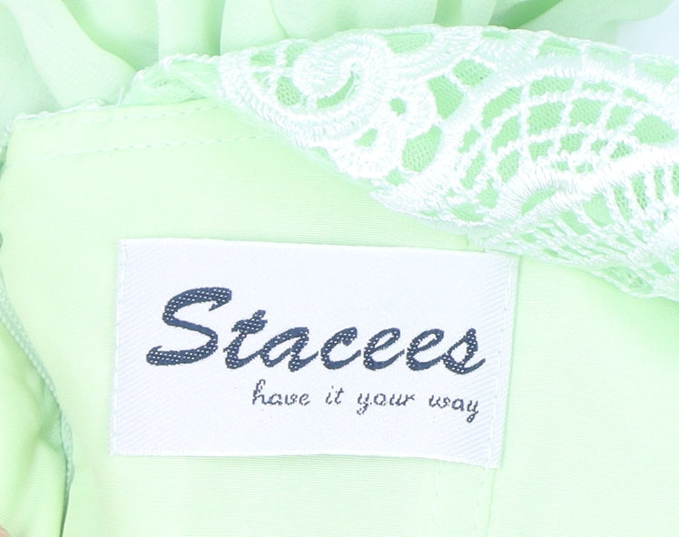 Staceees Womens Green Lace Chiffon Long A-Line Sleeveless Formal Dress