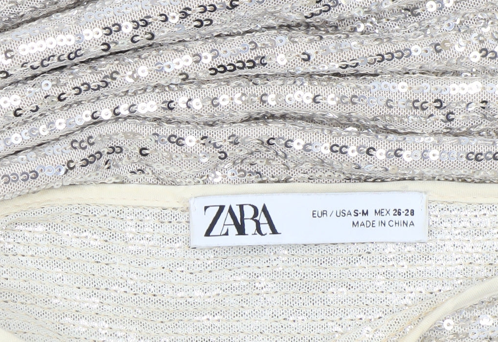 Zara Women Silver Sequin Short Sleeve Shift Dress Size S