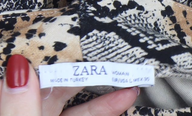 Zara Women Beige Snake Print Shift Dress Size 14 3/4 Sleeve