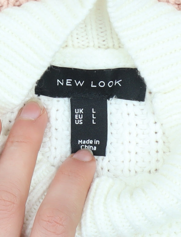 New Look Women's Pink & White Chunky Knit Mock Neck Jumper Size L