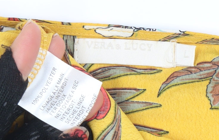 Vera & Lucy Women Yellow Floral Wrap Short Dress L Ruffle Summer